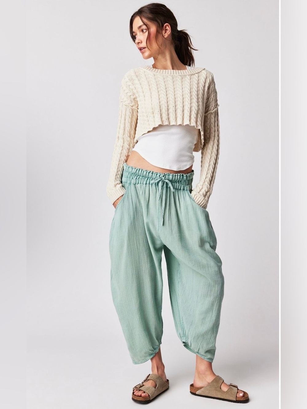Free People Sage Green Cropped Balloon Pants